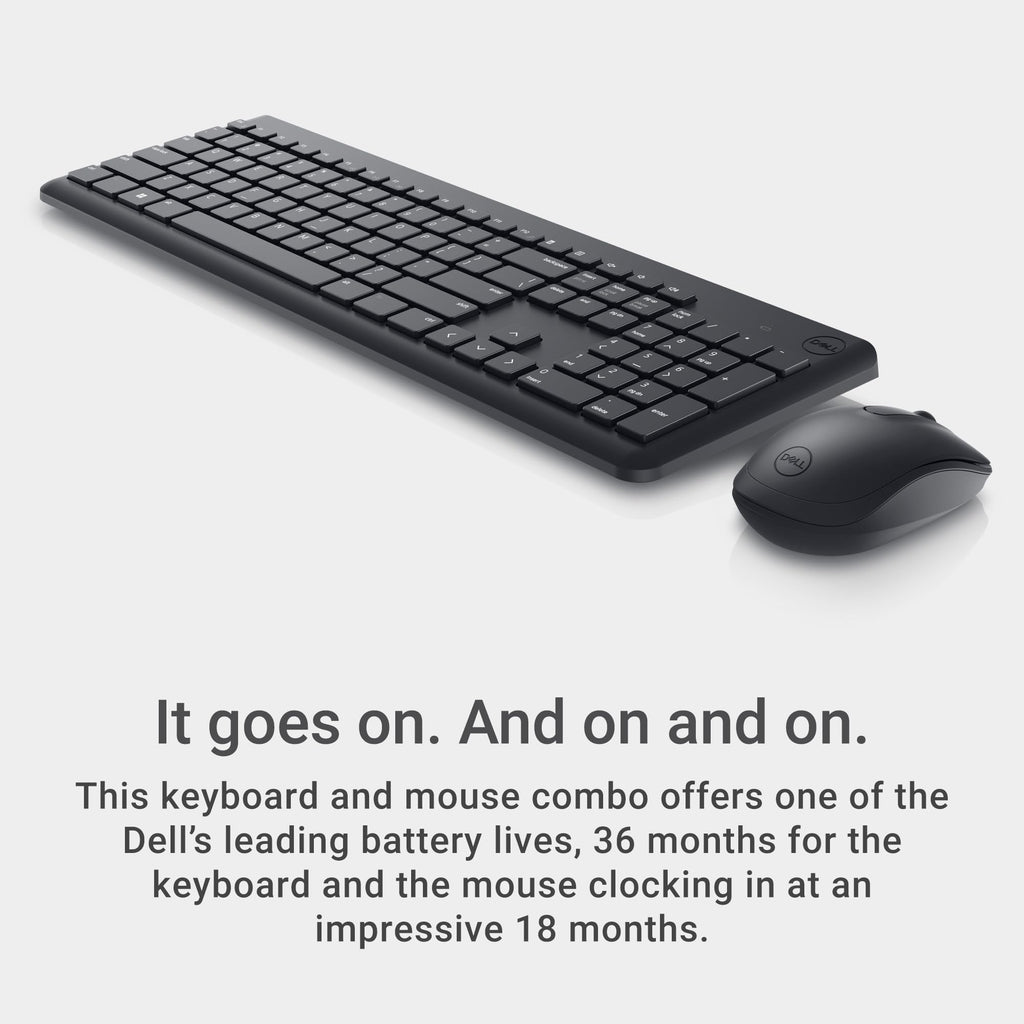 Dell Wireless Keyboard and Mouse - KM3322W, Wireless - 2.4GHz, Optical LED Sensor, Mechanical Scroll, Anti-Fade Plunger Keys, 6 Multimedia Keys, Tilt Leg - Black (REFURBISHED-LIKE NEW)