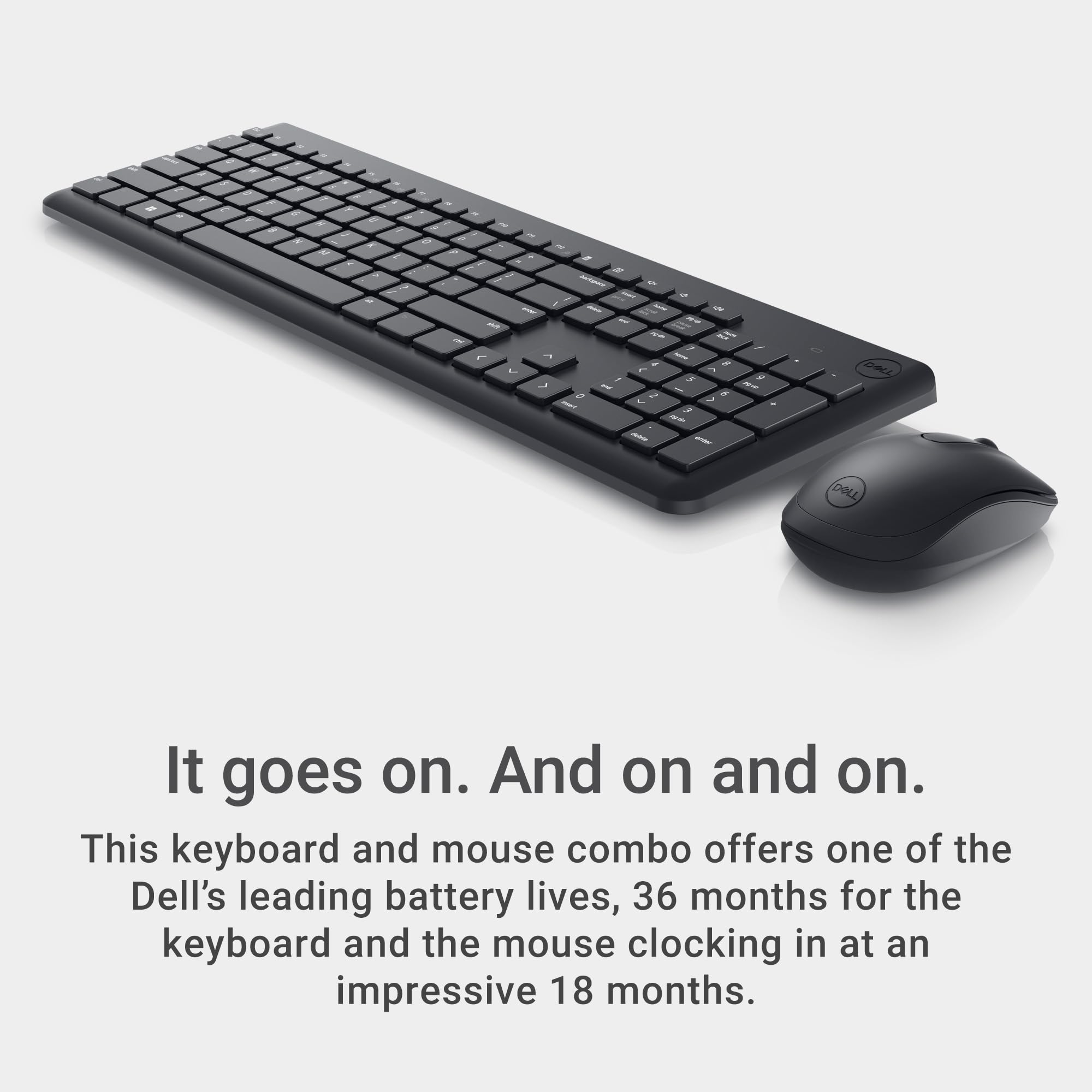 Dell Wireless Keyboard and Mouse - KM3322W, Wireless - 2.4GHz, Optical LED Sensor, Mechanical Scroll, Anti-Fade Plunger Keys, 6 Multimedia Keys, Tilt Leg - Black (NEW)
