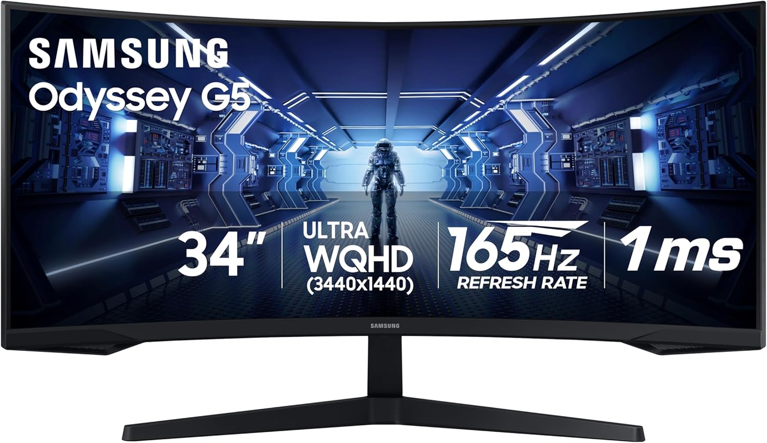 Samsung 34' Odyssey G5 Ultra-Wide Gaming Monitor with 1000R Curved Screen, 165Hz, 1ms, FreeSync Premium, Large Display, Eye Comfort, Multiple Ports, WQHD, LC34G55TWWNXZA, Black (NEW)